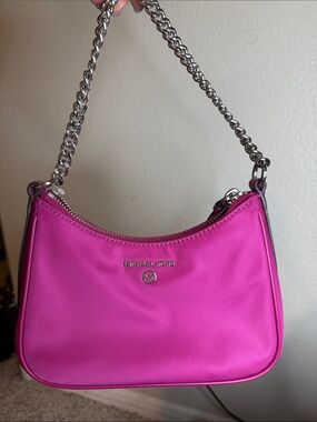 Michael Kors Fuchsia Satin Shoulder Bag with Silver Chain